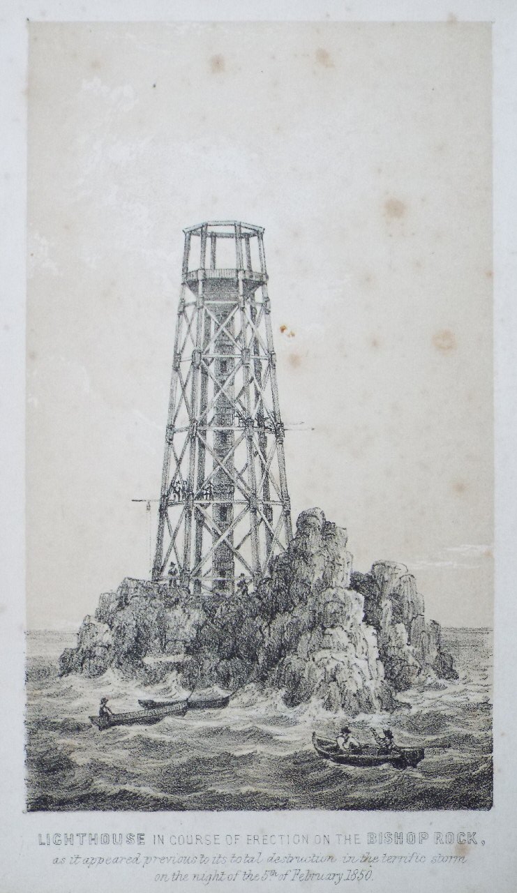 Lithograph - Lighthouse in the course of erection on the Bishop Rock etc
